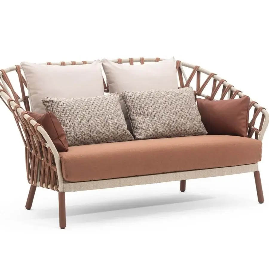 Superior Varaschin Emma Cross sofa built with powder-coated aluminum, plush brown textile cushions and handwoven acrylic fabric detailing
