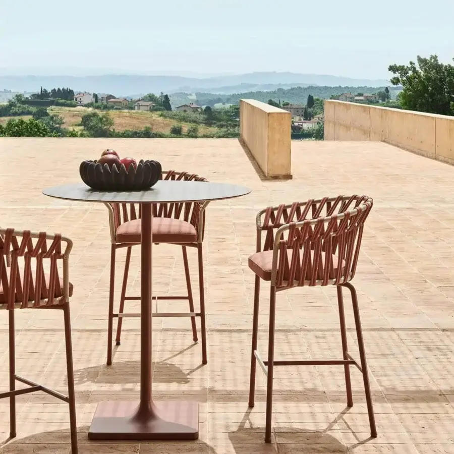 Exclusive Varaschin Emma Cross stool crafted with reddish-brown woven synthetic fiber rope and powder-coated aluminum structure
