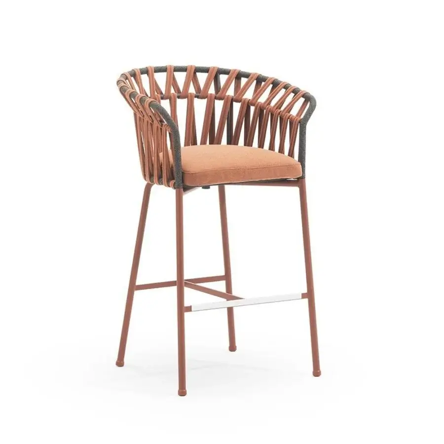Sophisticated Varaschin Emma Cross stool with copper tone aluminum frame and woven gray-brown synthetic fiber rope backrest