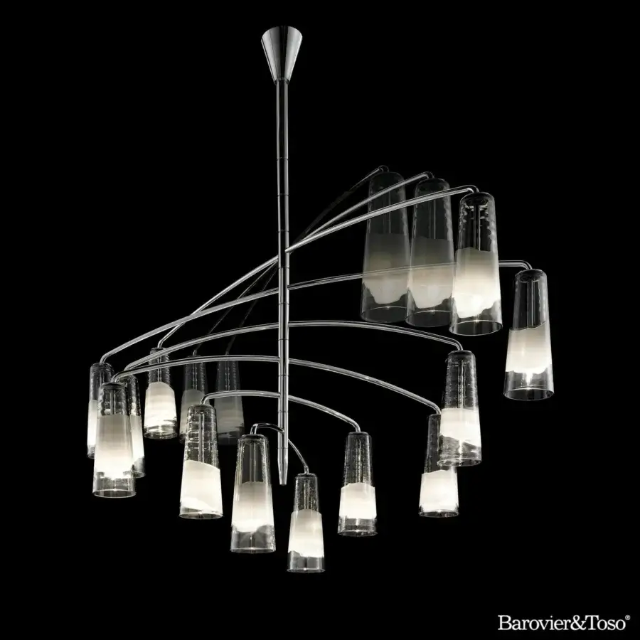 Exceptional Barovier&Toso Colimaçon chandelier with curved arms and frosted glass shades in translucent to opaque white, crafted with a polished metallic frame