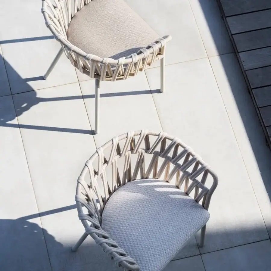 Exceptional Varaschin Emma Cross armchair with woven light fiber rope, beige acrylic and powder-coated aluminum frame