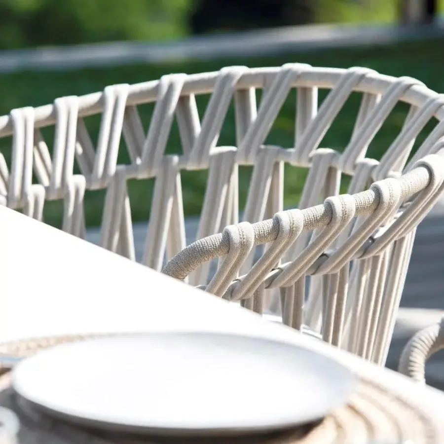 Superior Varaschin Emma Cross armchair with powder-coated aluminum, light beige acrylic fabric band and rope weaving