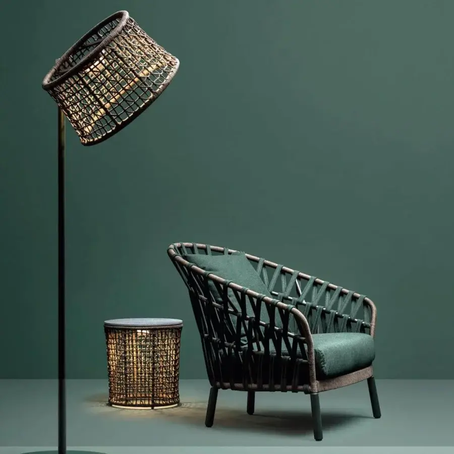 Refined Varaschin Emma side table with light brown hpl top and hand-woven powder-coated aluminum frame