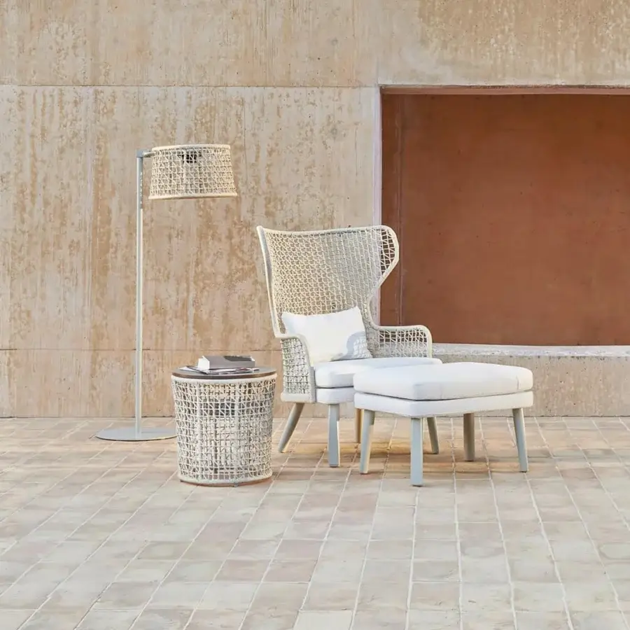 Distinguished Varaschin Emma floor lamp with a light cream woven cylindrical shade and light gray powder coated aluminum frame