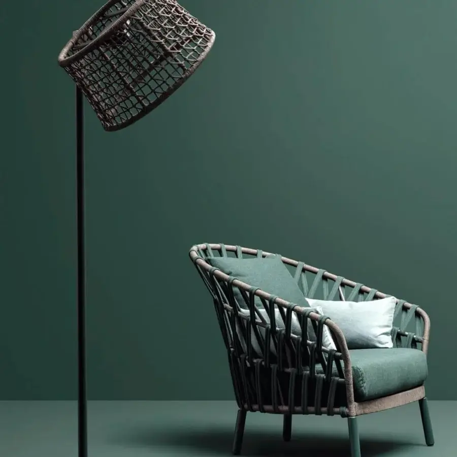 Distinctive Varaschin Emma floor lamp with a handwoven brown shade and slender dark metal frame crafted in powder-coated aluminum