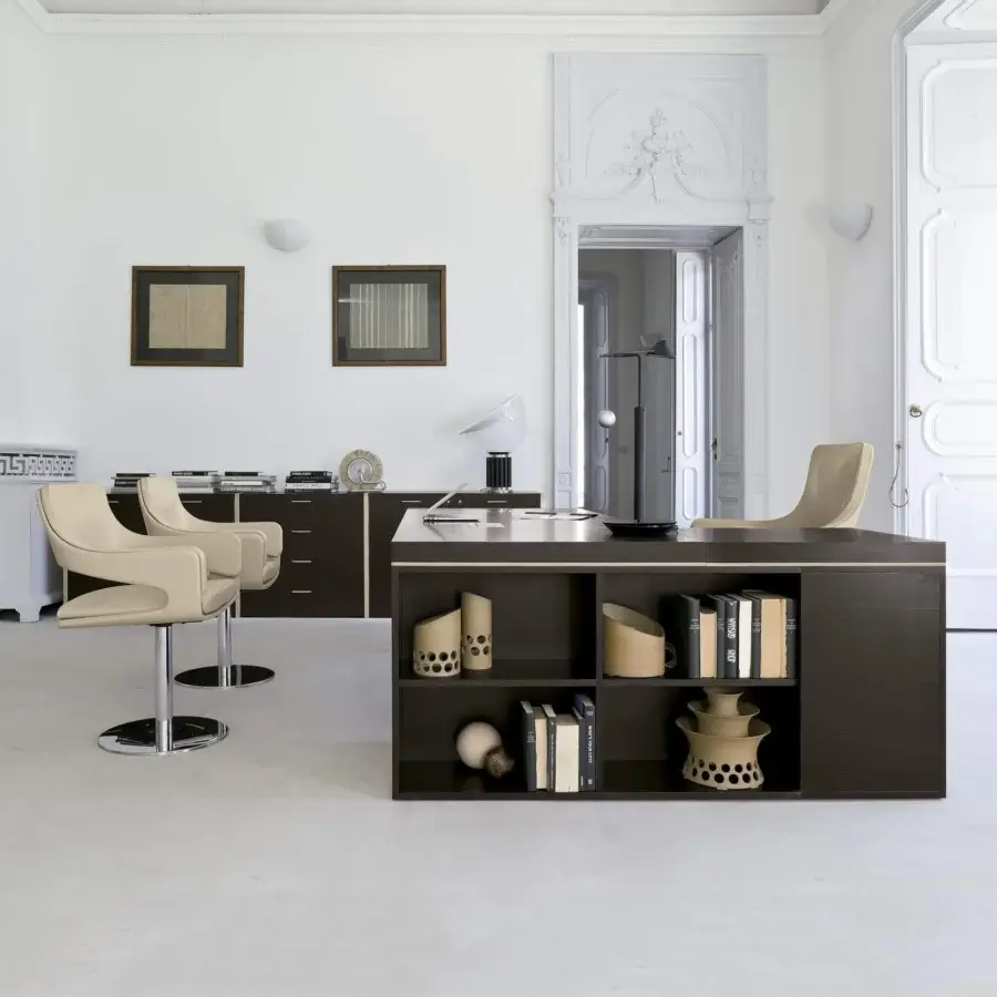 Superior 4 Mariani Blade desk crafted with wood and saddle leather in a dark finish with light accenting