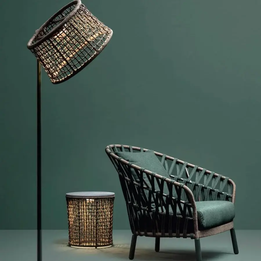 Superior Varaschin Emma floor lamp with a handmade weave and powder-coated aluminum frame built with a steel base