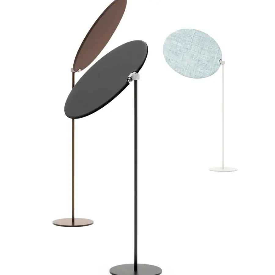Elegant Varaschin Emma sunshade with light blue micro-perforated technical PVC fabric and slender white metal stand