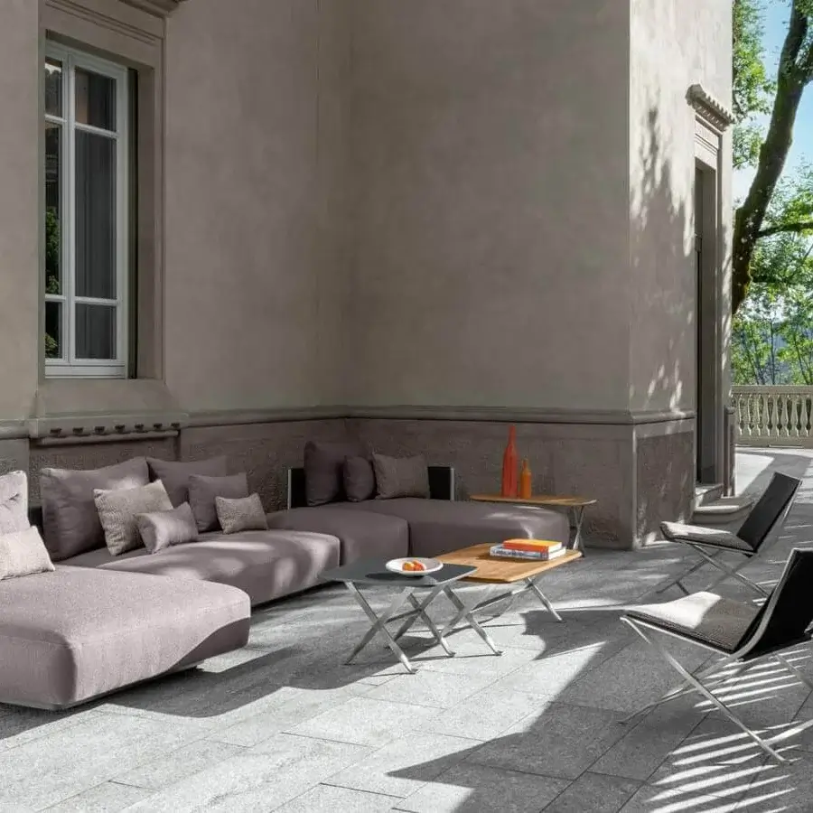 Elegant Talenti George sectional with light brown fabrics, stainless steel uprights and dark gray synthetic finish
