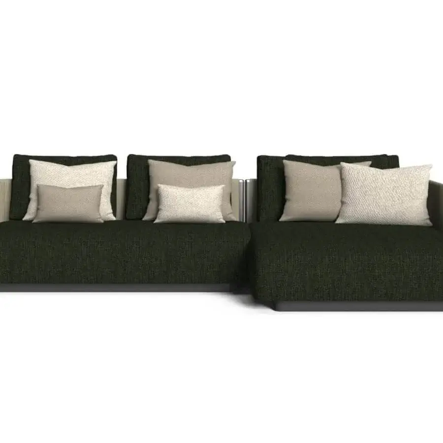 Elegant Talenti George sectional upholstered in dark green textured textile with stainless steel framing and lightly padded synthetic ropes