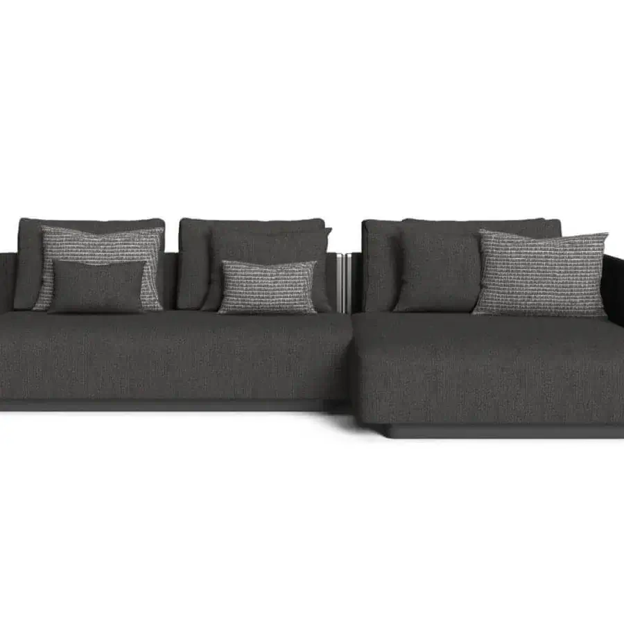 Distinguished Talenti George sectional with dark gray textile and subtle texture, complemented by stainless steel uprights and padded synthetic ropes