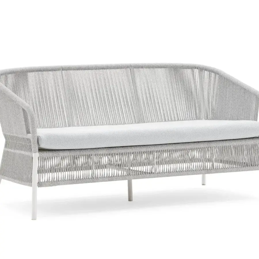 Distinguished Varaschin Cricket sofa with handcrafted rope weaving and soft light gray cushions in a light aluminum structure