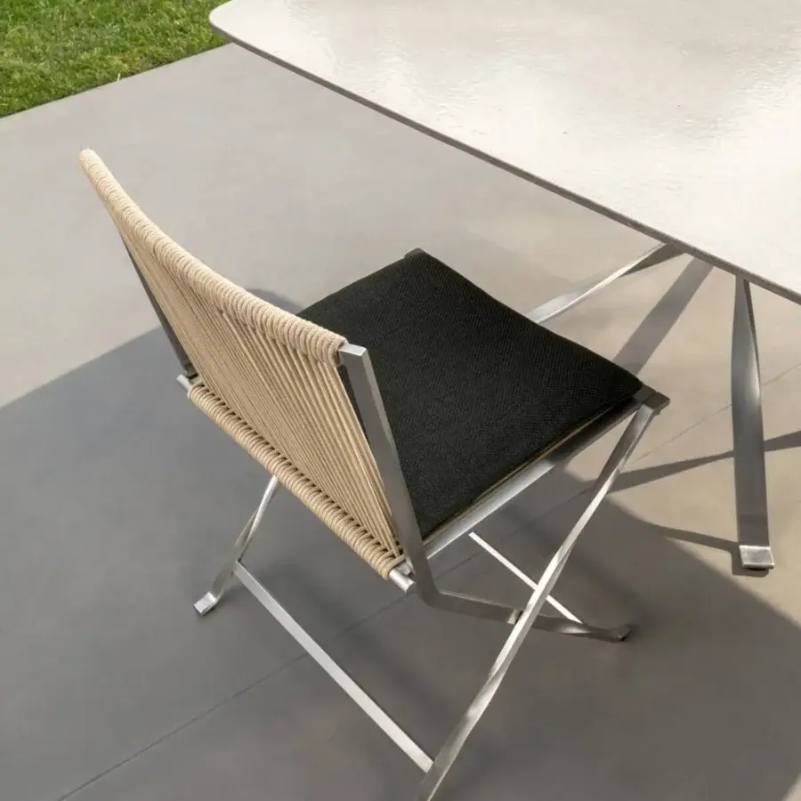 Distinguished Talenti George table with light gray lava stone tabletop and brushed stainless steel base crafted in Italy