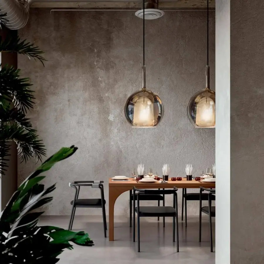 Superior Penta Glo Maxi suspension lamp with golden mirrored glass and sandblasted inner shade in titanium metal