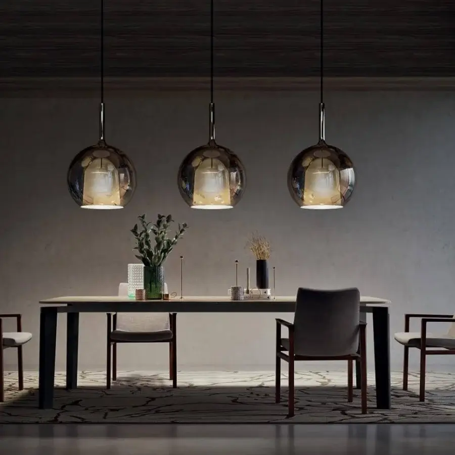 Elegant Penta Glo Maxi suspension lamp with mirrored glass in bronze or copper and sandblasted inner shade
