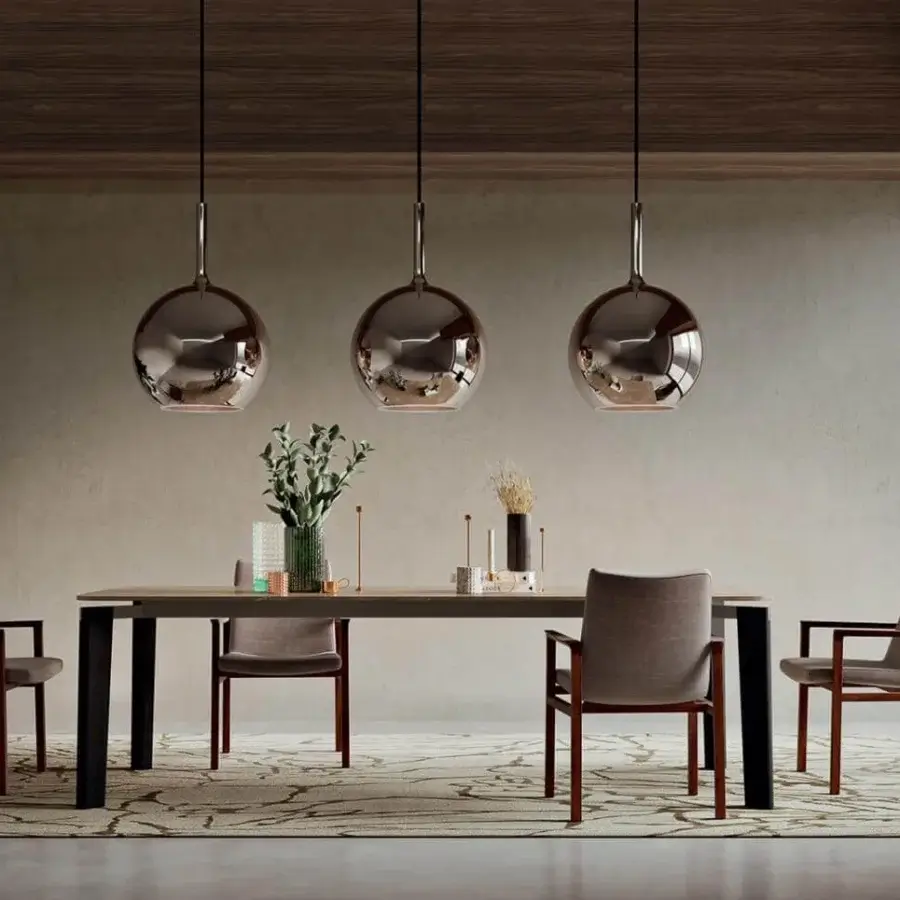 Exceptional Penta Glo Maxi suspension lamp with refined mirrored glass and sleek black cable in chrome or silver tone