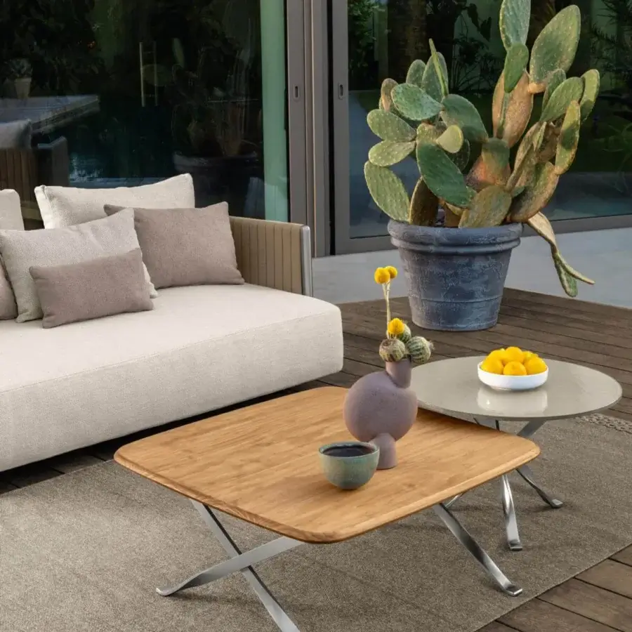 Elegant Talenti George coffee table with square accoya wood top and glossy reflective stainless steel frame