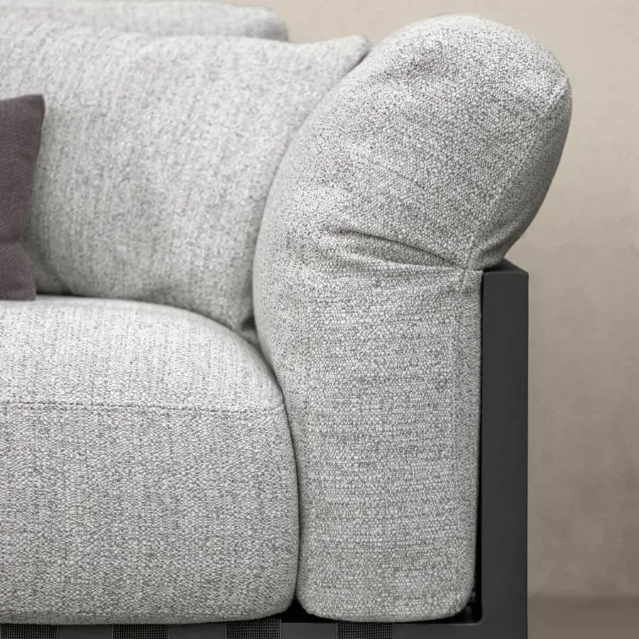Elegant Talenti Argo Alu sofa with a powder coated aluminum structure and light grey weather resistant cushions woven with elastic straps