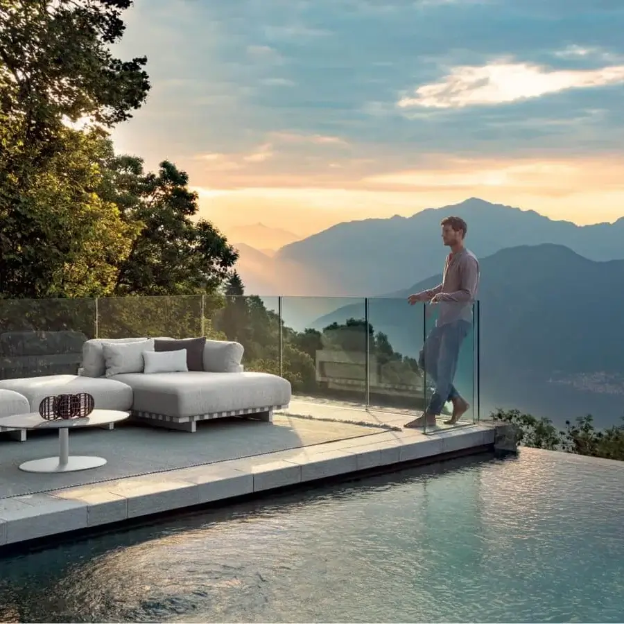 Sophisticated Talenti Argo Alu sectional with light grey textile upholstery and powder-coated aluminum frame for luxurious outdoor relaxation