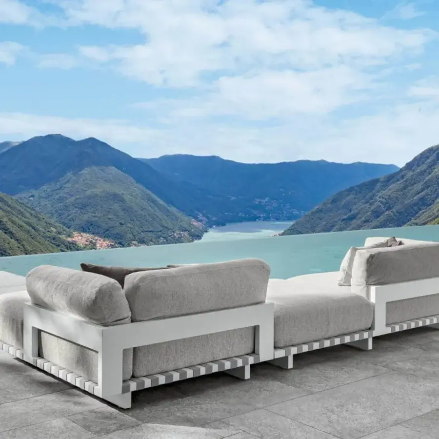 Exceptional Talenti Argo Alu sectional with white powder coated aluminum and light gray weather-resistant cushions crafted with synthetic straps