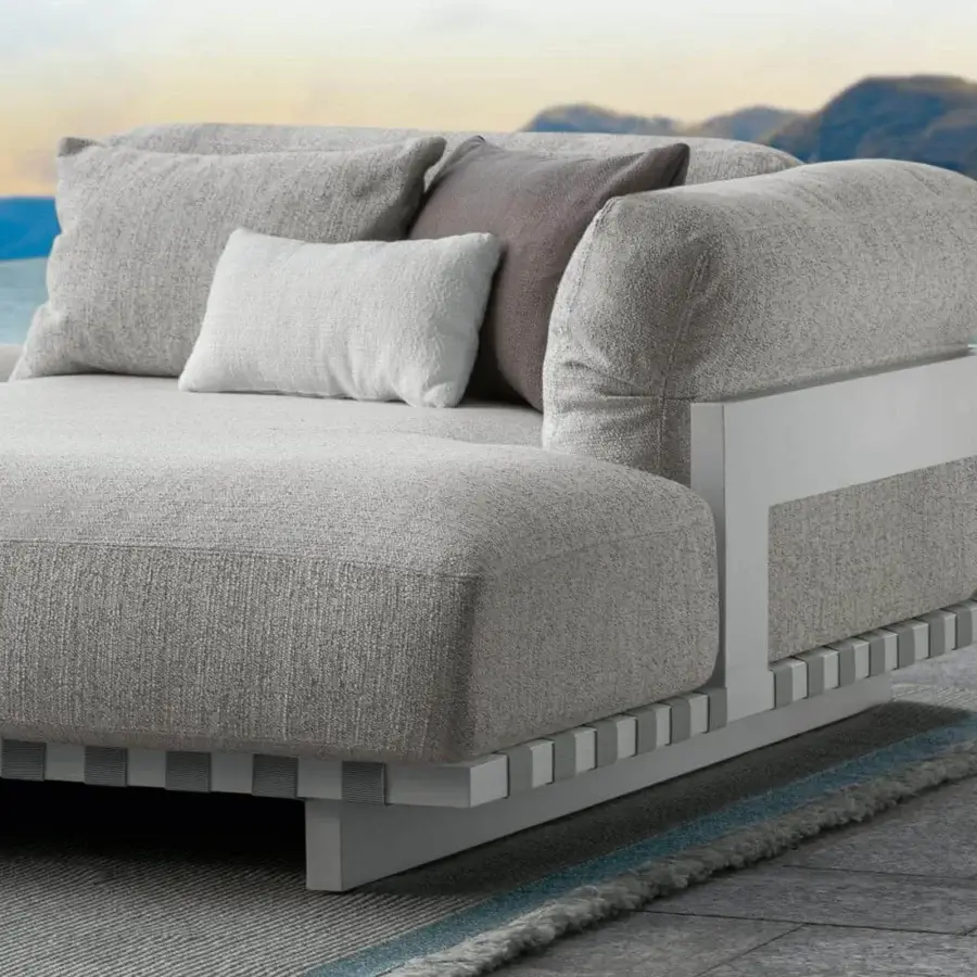 Superior Talenti Argo Alu sectional with light gray woven textile and textured matte graphite aluminum frame