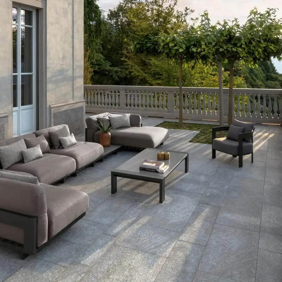 Exceptional Talenti Argo Alu sectional with graphite aluminum frame and gray-taupe quick-dry foam cushions woven with elastic straps