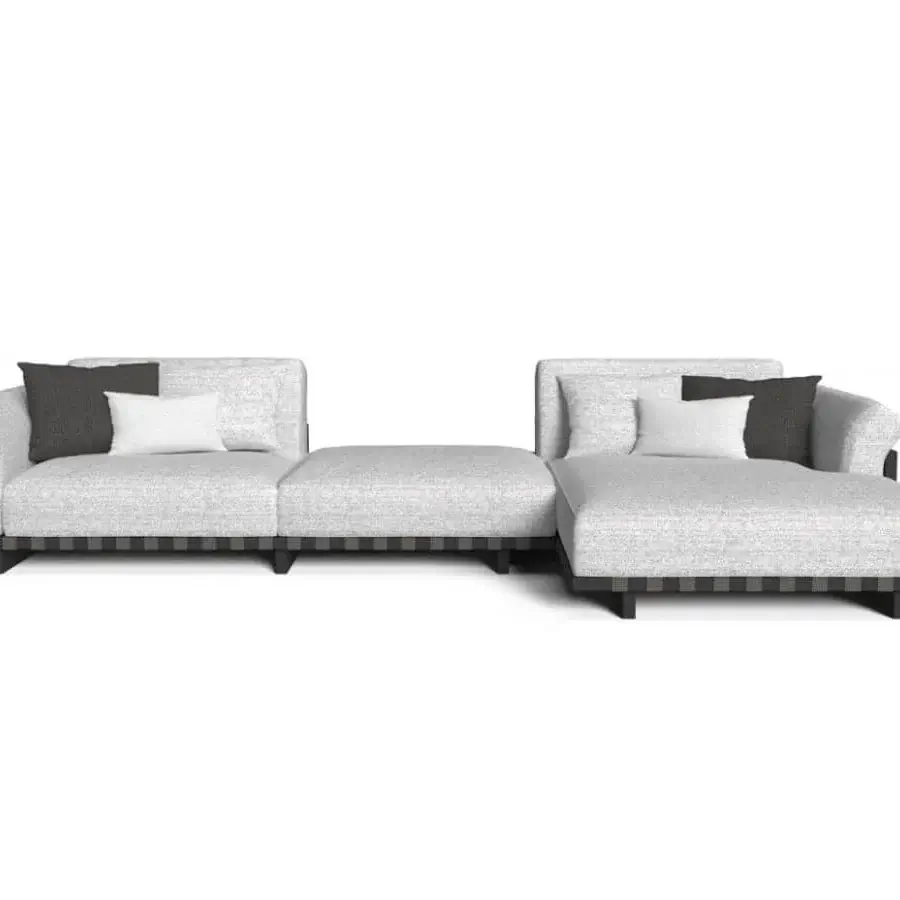 Superior Talenti Argo Alu sectional with light gray weave, white powder-coated aluminum and darker gray accent cushions