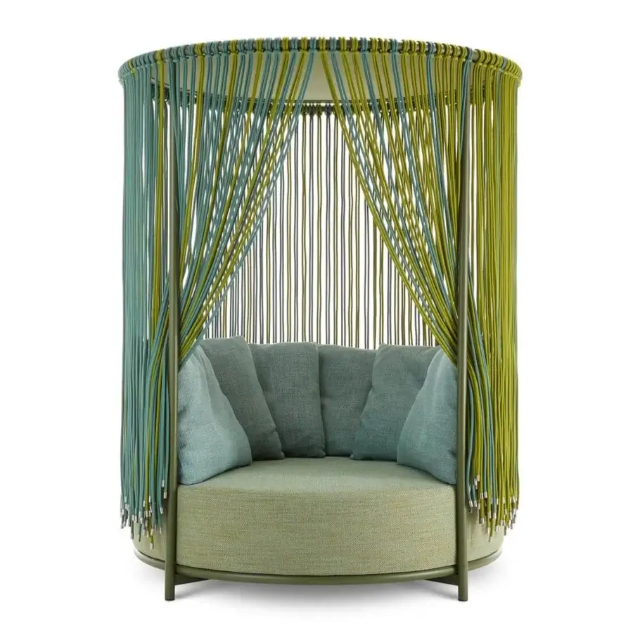 Distinguished Roberti Rattan Oasi daybed with cylindrical form, powder-coated steel frame, and green-turquoise Trendyrope weave