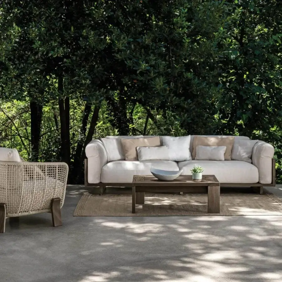 Exceptional Talenti Argo Wood lounge chair with light beige rope weaving and dark-toned wood legs supporting a beige seat cushion