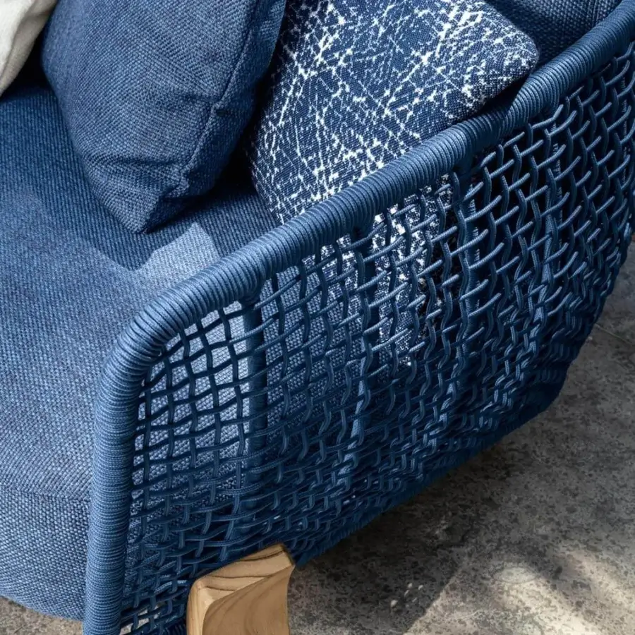 Sophisticated Talenti Argo Wood lounge chair with sculpted blue fabric cushions and deep blue rope weaving