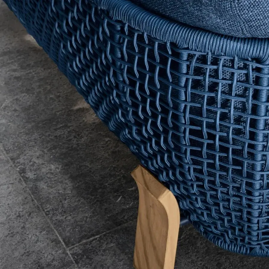 Exceptional Talenti Argo Wood sofa with dark blue woven nautical rope armrests and curved wooden legs crafted in Italy