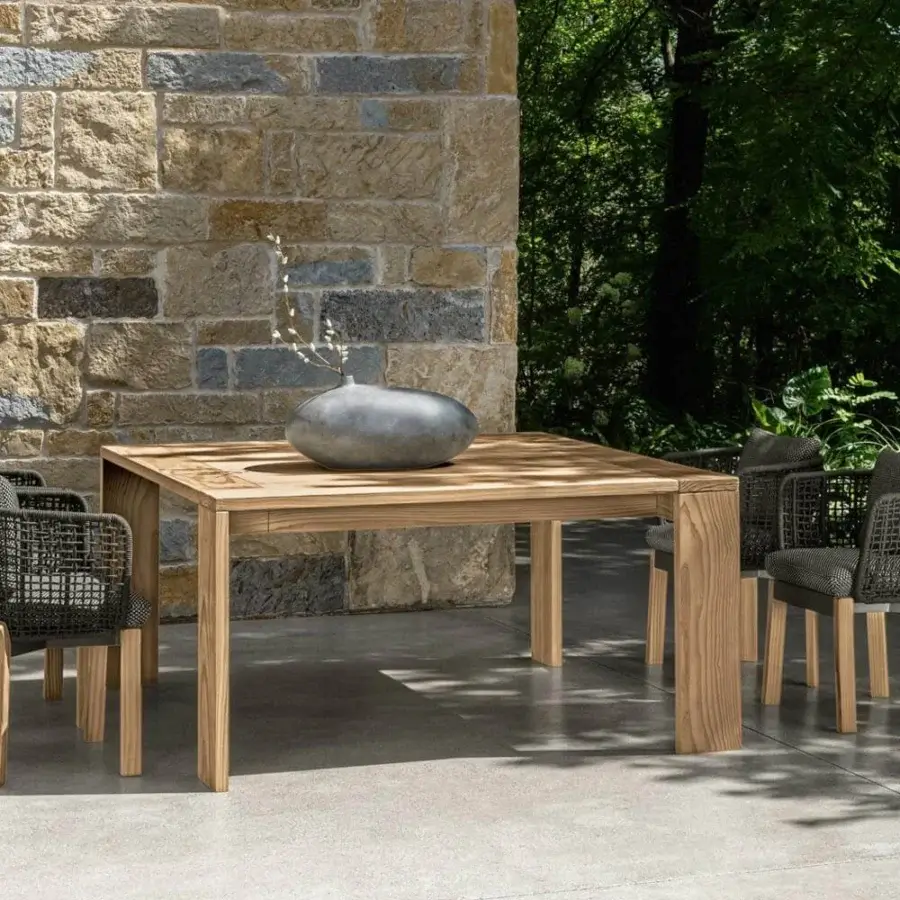 Superior Talenti Argo Wood table crafted in accoya wood with a slatted top and robust square legs exhibiting a light finish