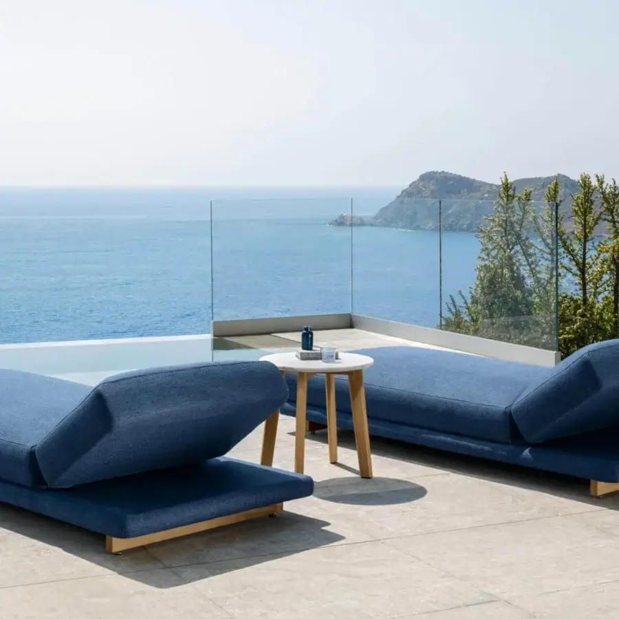 Exceptional Talenti Argo Wood lounger with voluminous blue cushions and smooth-finished accoya wood legs crafted in Italy