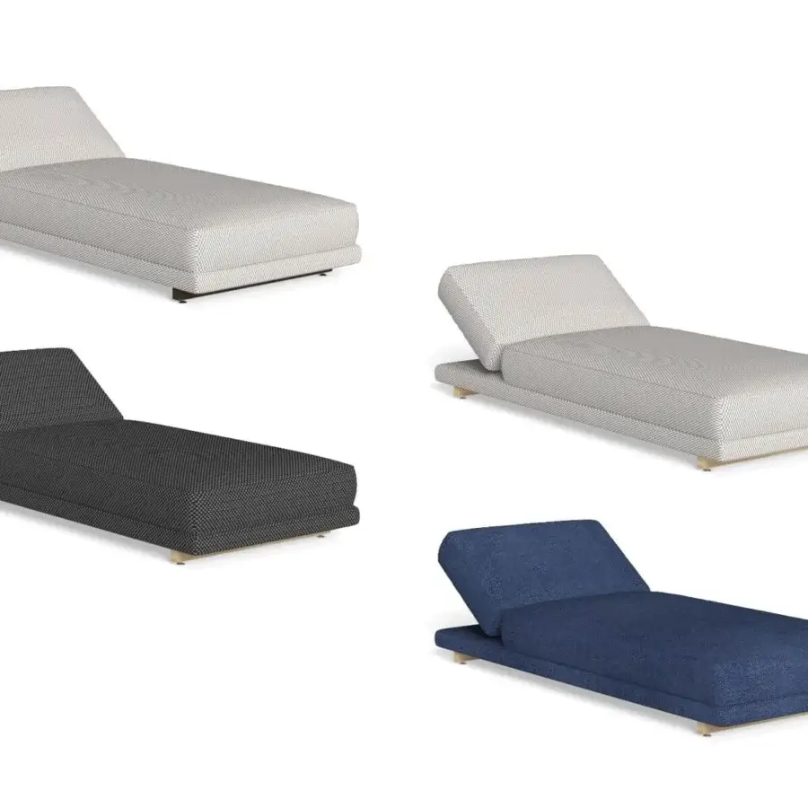 Elegant Talenti Argo Wood lounger with voluminous light grey patterned cushions and sleek accoya wood legs