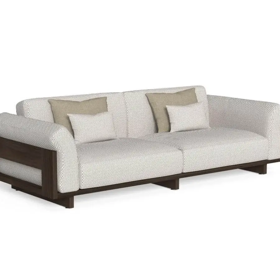 Distinguished Talenti Argo Wood sofa with a dark matte wood frame and light grid-patterned weather-resistant upholstery