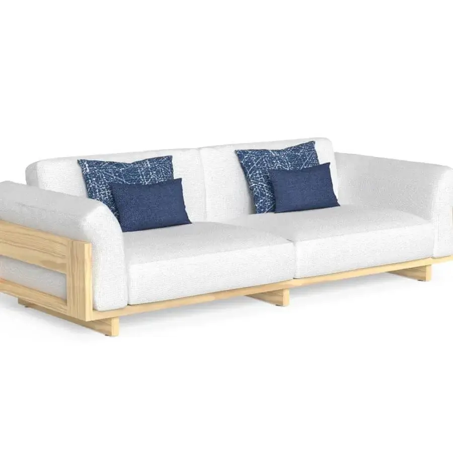 Exceptional Talenti Argo Wood sofa with white textile upholstery, blue square pillows and a light-toned matte wood frame