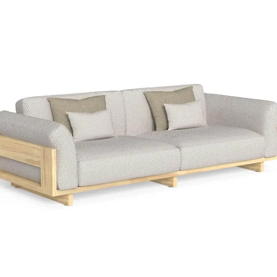 Distinguished Talenti Argo Wood sofa with sculpted seat, woven textile in light and dark tones, and natural wood finish
