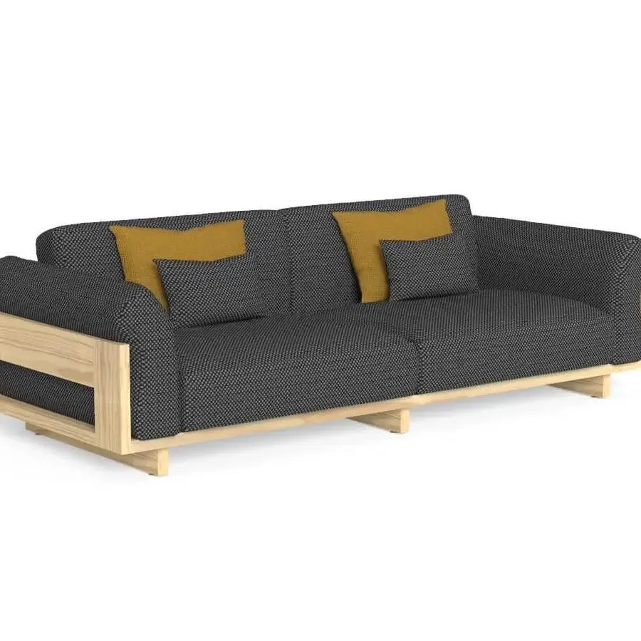 Sophisticated Talenti Argo Wood sofa with a light-toned wood frame, dark gray weather-resistant cushions and mustard throw pillows