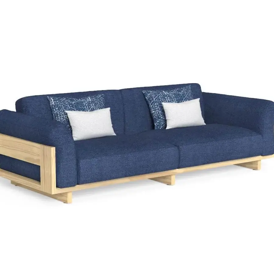 Elegant Talenti Argo Wood sofa with sculpted structure, textured blue textile cushions and matte light-toned wood base
