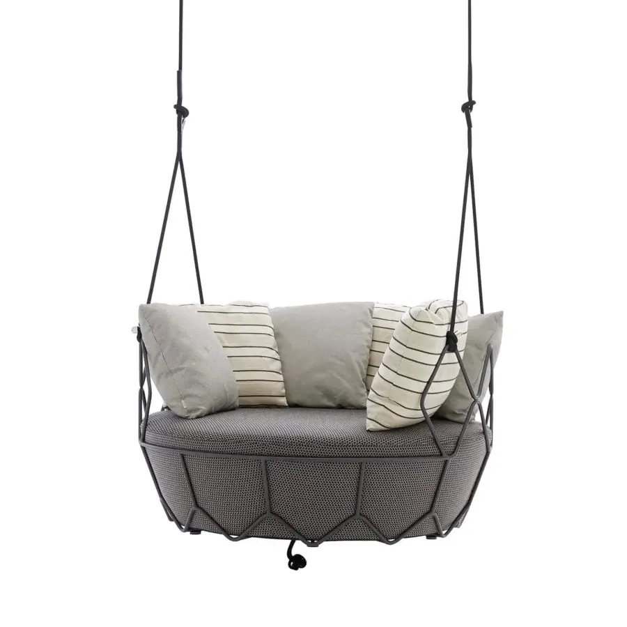 Superior Roberti Rattan Gravity Swing Lounge Chair with dark gray Nautic rope suspension and cushions crafted in 304 steel with powder coating