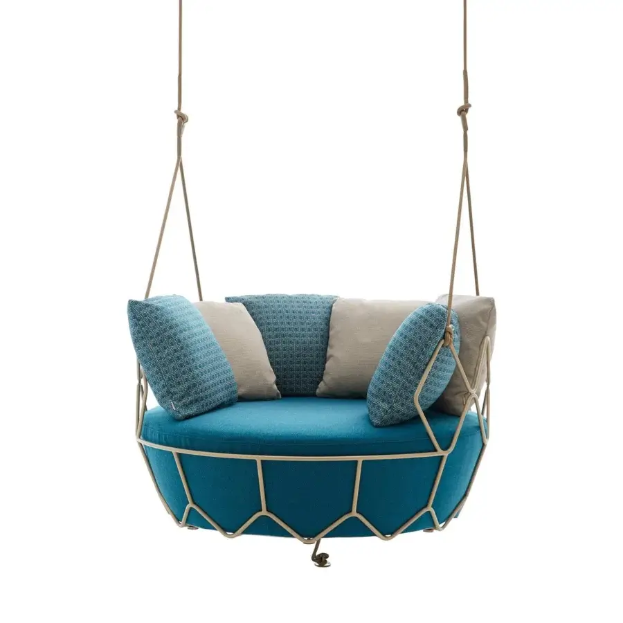 Distinctive Roberti Rattan Gravity Swing Lounge Chair with vibrant blue fabric, refined Nautic rope and light beige powder-coated 304 steel frame