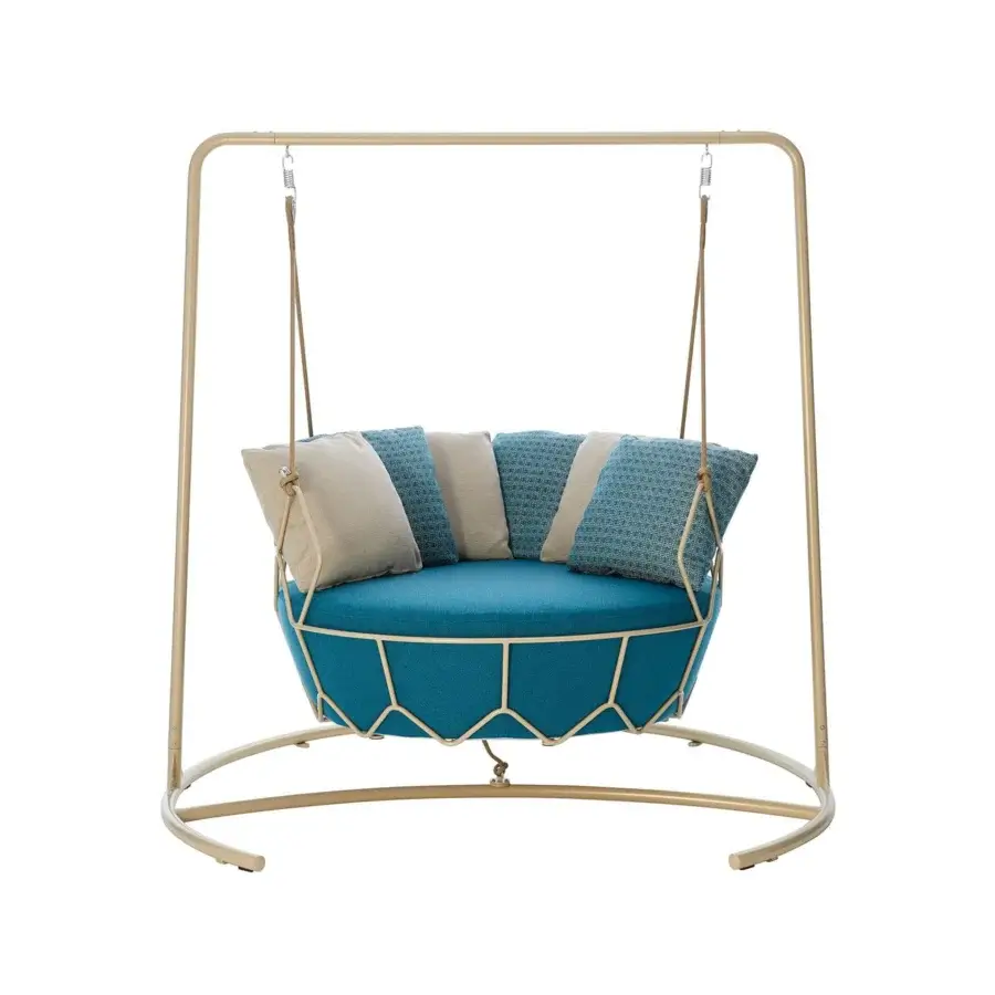 Elegant Roberti Rattan Gravity Swing Lounge Chair with teal upholstery, durable Nautic rope and light golden powder-coated steel structure