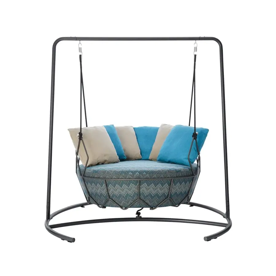 Exceptional Roberti Rattan Gravity Swing Lounge Chair with blue and green nautic rope, light beige cushions and matte black steel structure