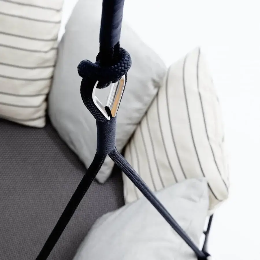 Elegant Roberti Rattan Gravity Swing Lounge Chair in gray and white with braided Nautic rope and powder-coated 304 steel structure