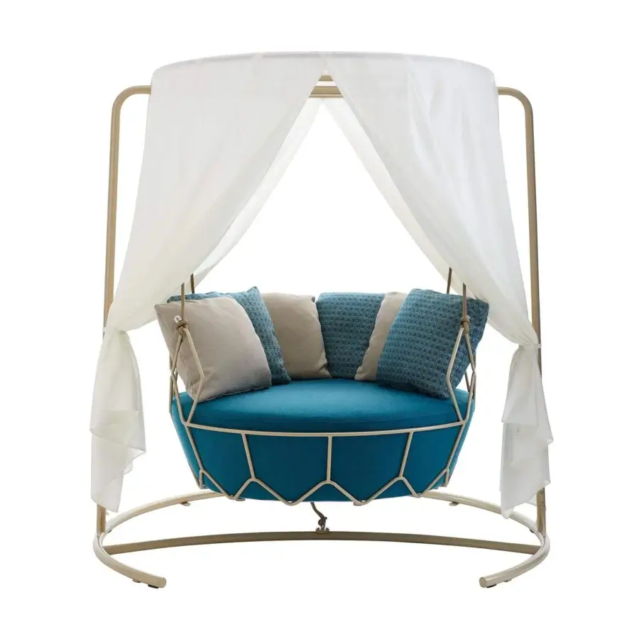 Distinguished Roberti Rattan Gravity Swing Lounge Chair with blue textured textile, white sunshade and durable 304 steel powder coated structure