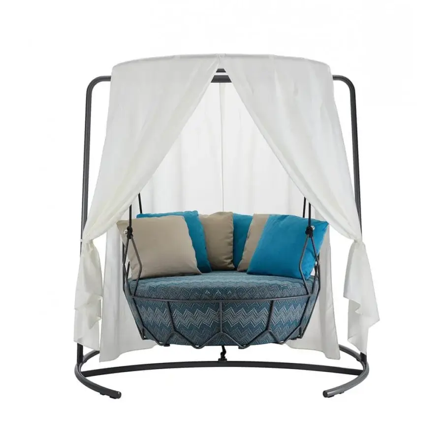 Lavish Roberti Rattan Gravity Swing Lounge Chair with 304 steel, Nautic rope woven in geometric blue and gray, plus tan cushions and white sunshade