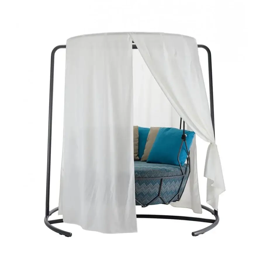 Elegant Roberti Rattan Gravity Swing Lounge Chair with 304 steel, Nautic rope, plus blue and beige cushions in white fabric