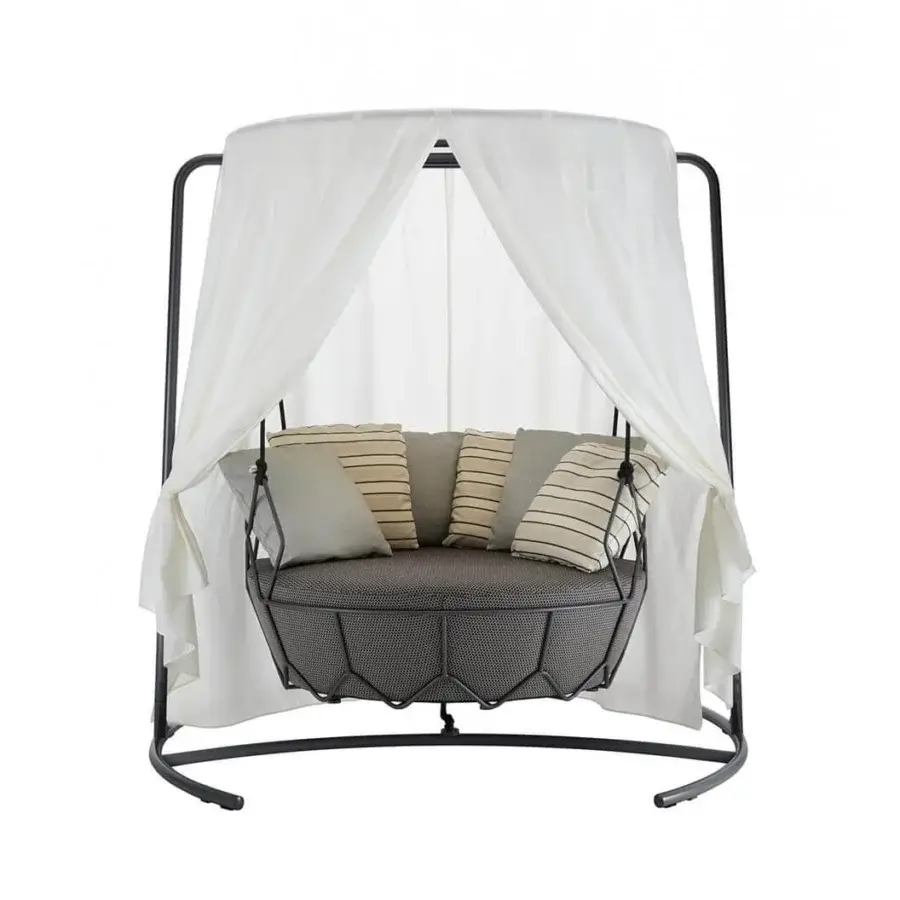 Exceptional Roberti Rattan Gravity Swing Lounge Chair with matte black 304 steel, white Nautic rope and draped sunshade construction