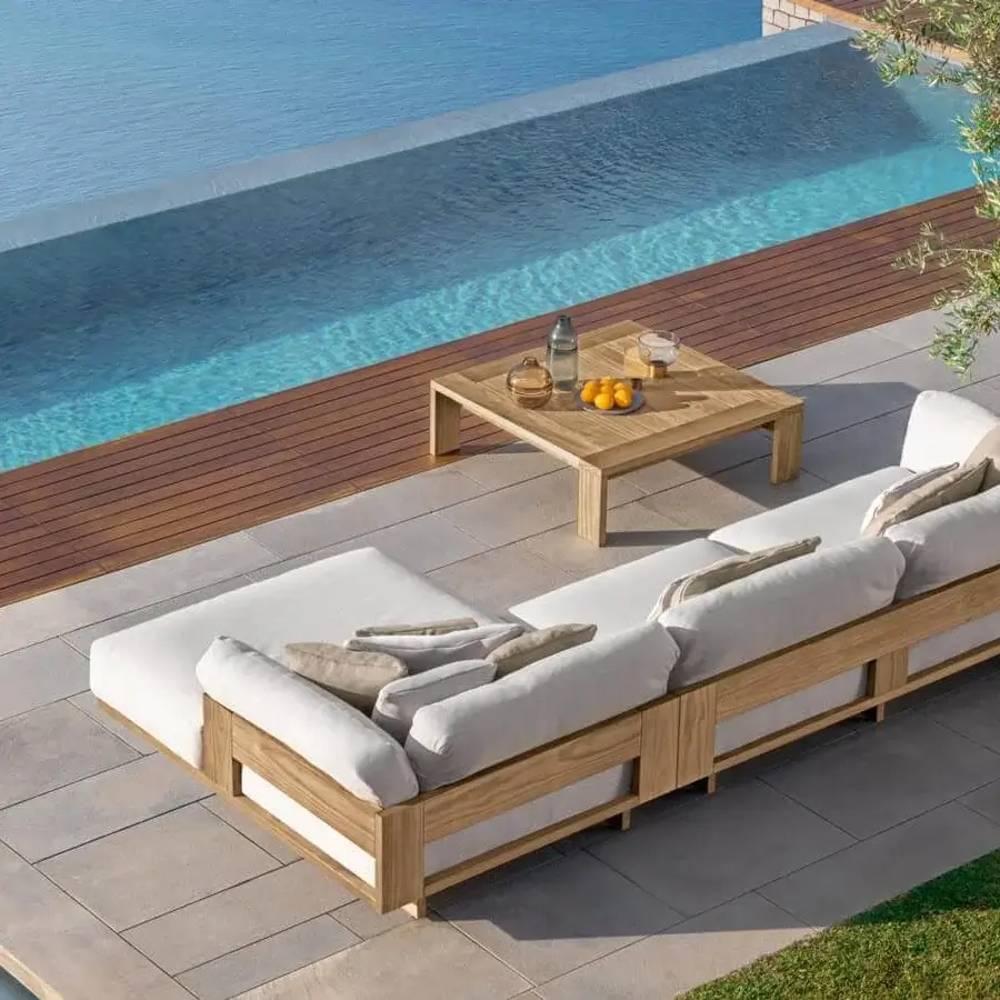 Captivating Talenti Argo Wood sectional with light textile cushions and a light-toned accoya wood frame