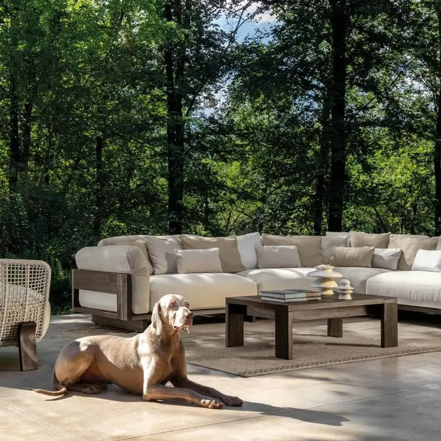 Distinguished Talenti Argo Wood sectional with accoya wood frame and light beige weather-resistant cushions boasts a dark finish